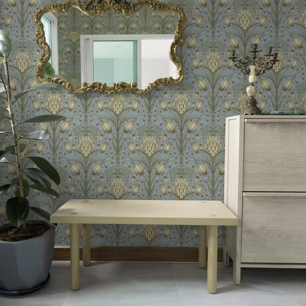 Bakgrund Blått mönster med kronärtskockor och tulpaner a00435