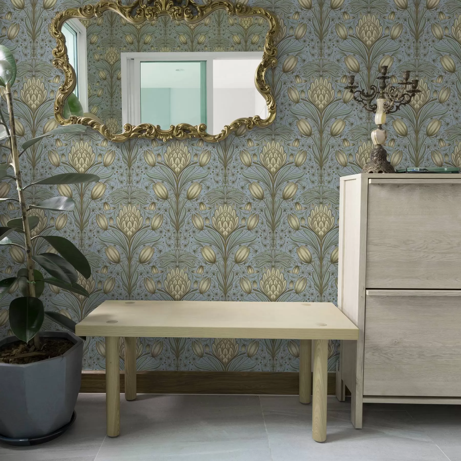 Fototapet Blått mönster med kronärtskockor och tulpaner a00435