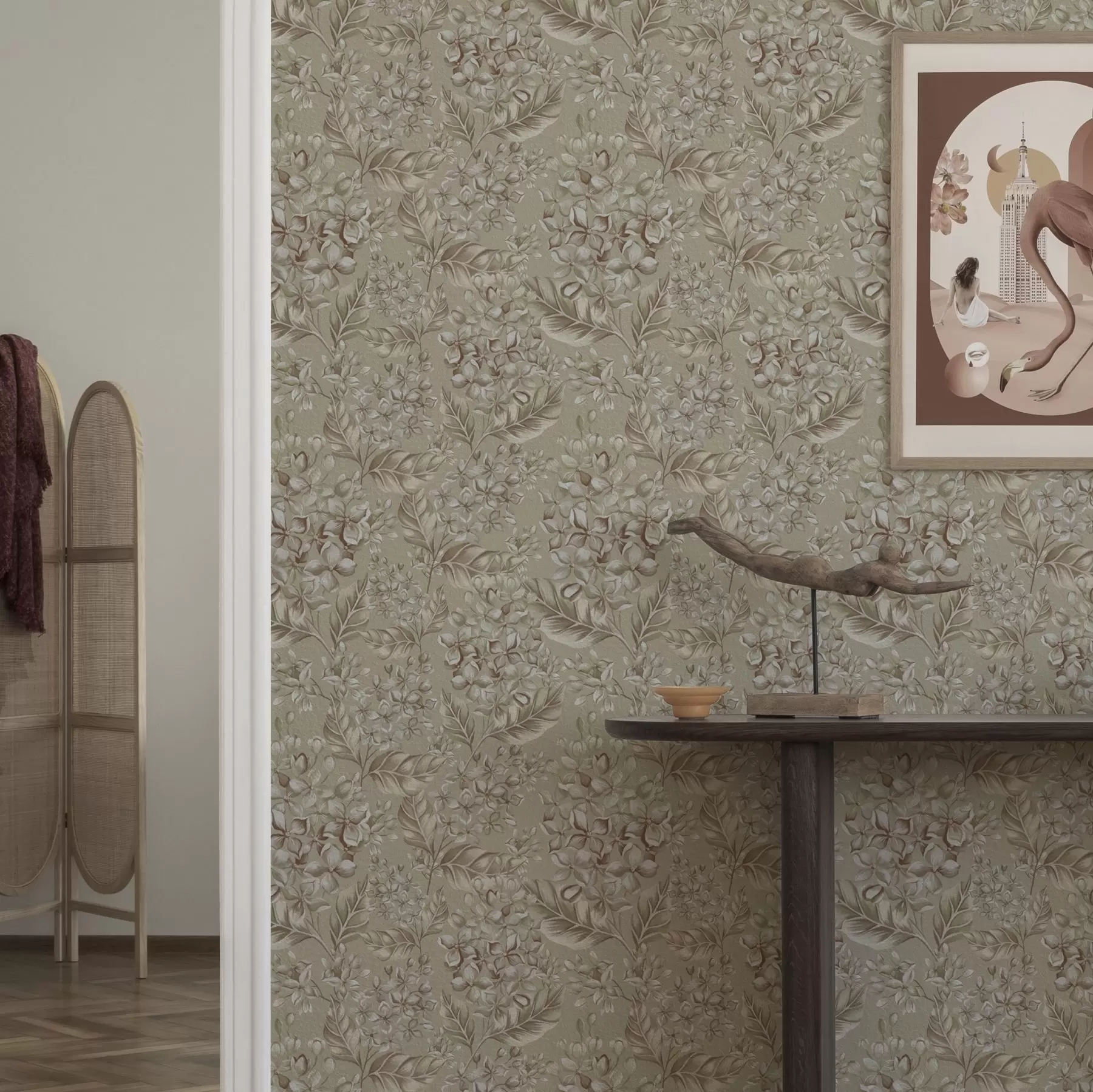 Fototapet Beige grenar med vita blommor i varma nyanser a00441