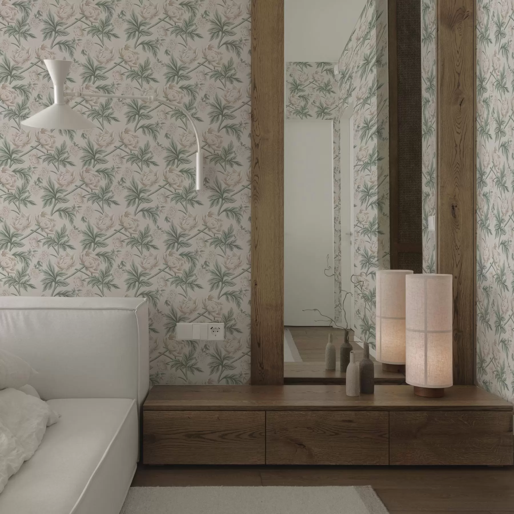 Fototapet Frodiga pioner i ljust beige och grönt beige och grönt a00445