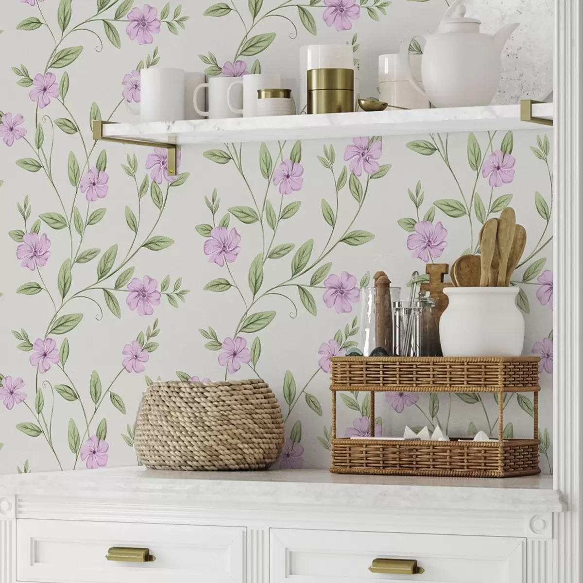 Bakgrund Rosa blommor med gröna rankor på en krämfärgad bakgrund a00453