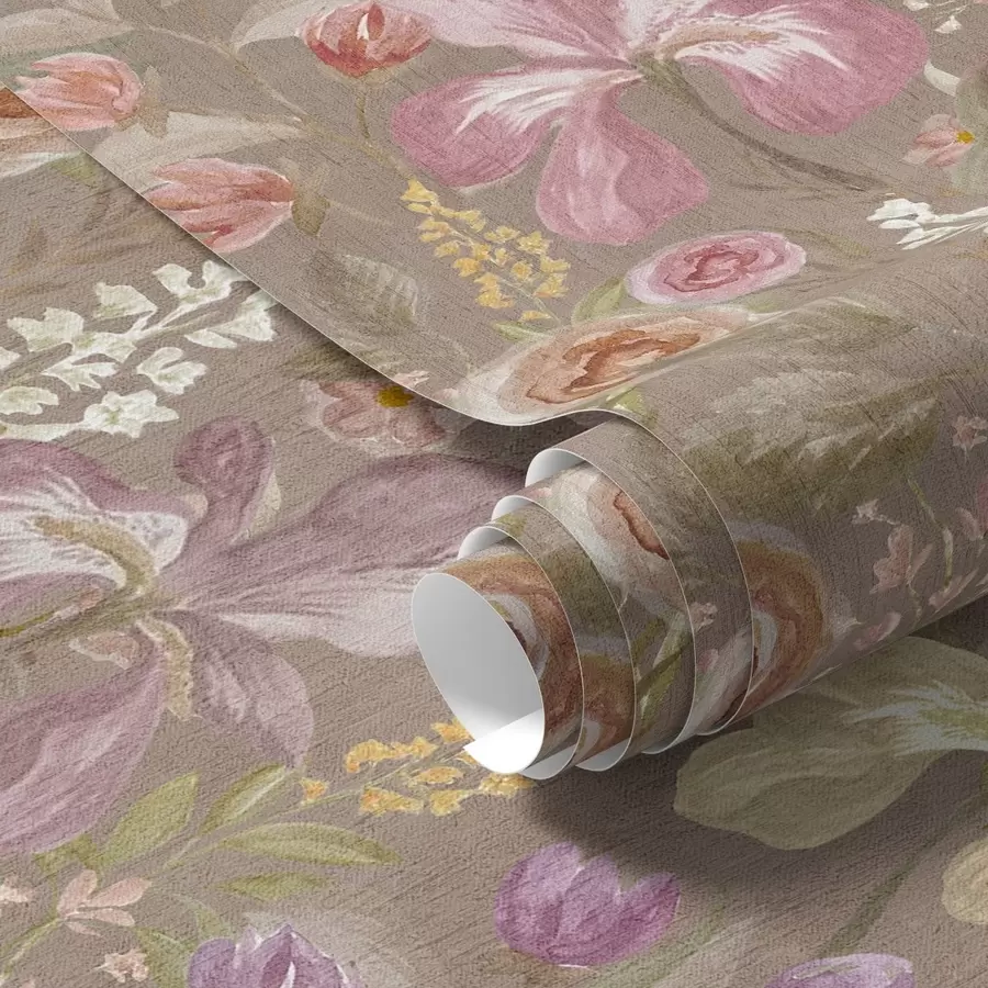 Fototapet Vintage rosa irisblommönster på beige texturerad bakgrund a00457