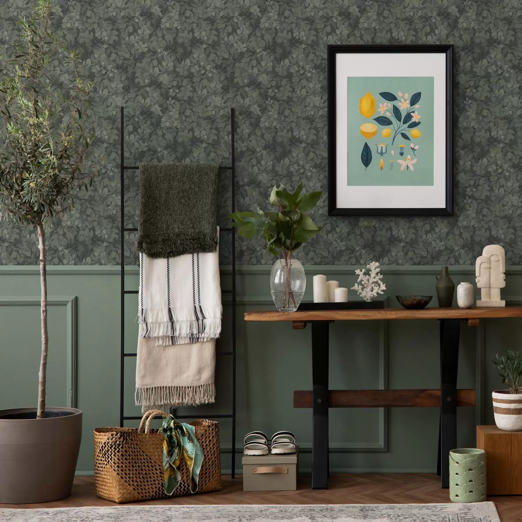 Fototapet Mörk textur av löv med ekollon i djupgrönt a00461