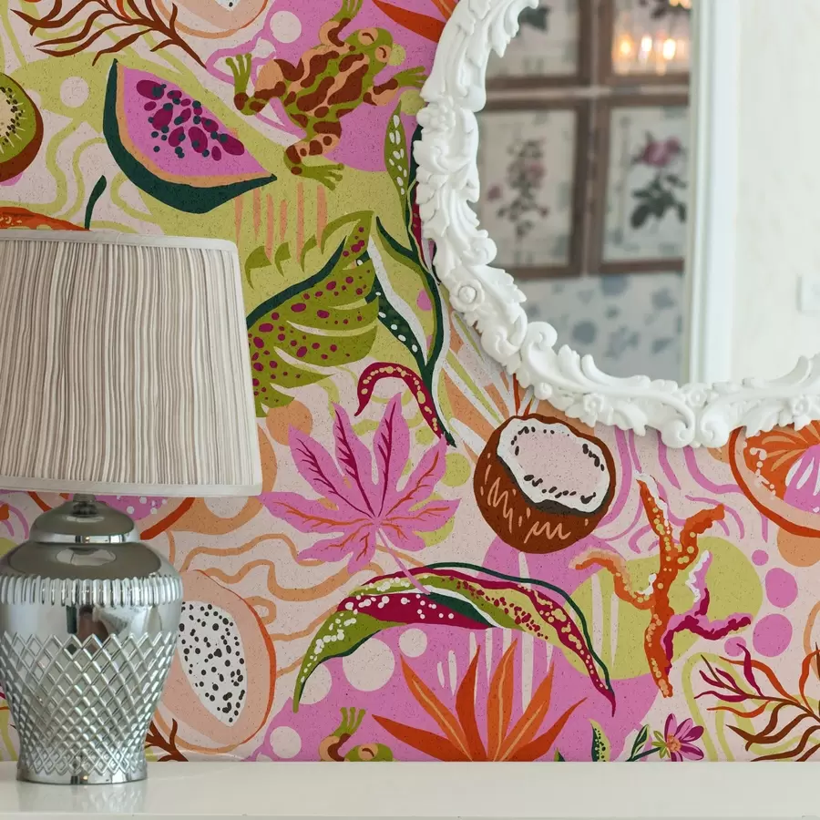 Fototapet Exotiska frukter, blad och kameleonter i tropisk stil a00469