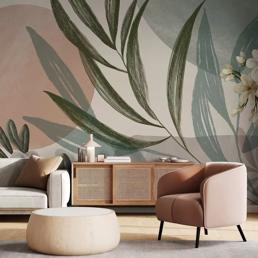 Fototapet Abstrakt botanisk konst med gröna palmblad och vita bär, mot en bakgrund av former i dämpade jordtoner w09312