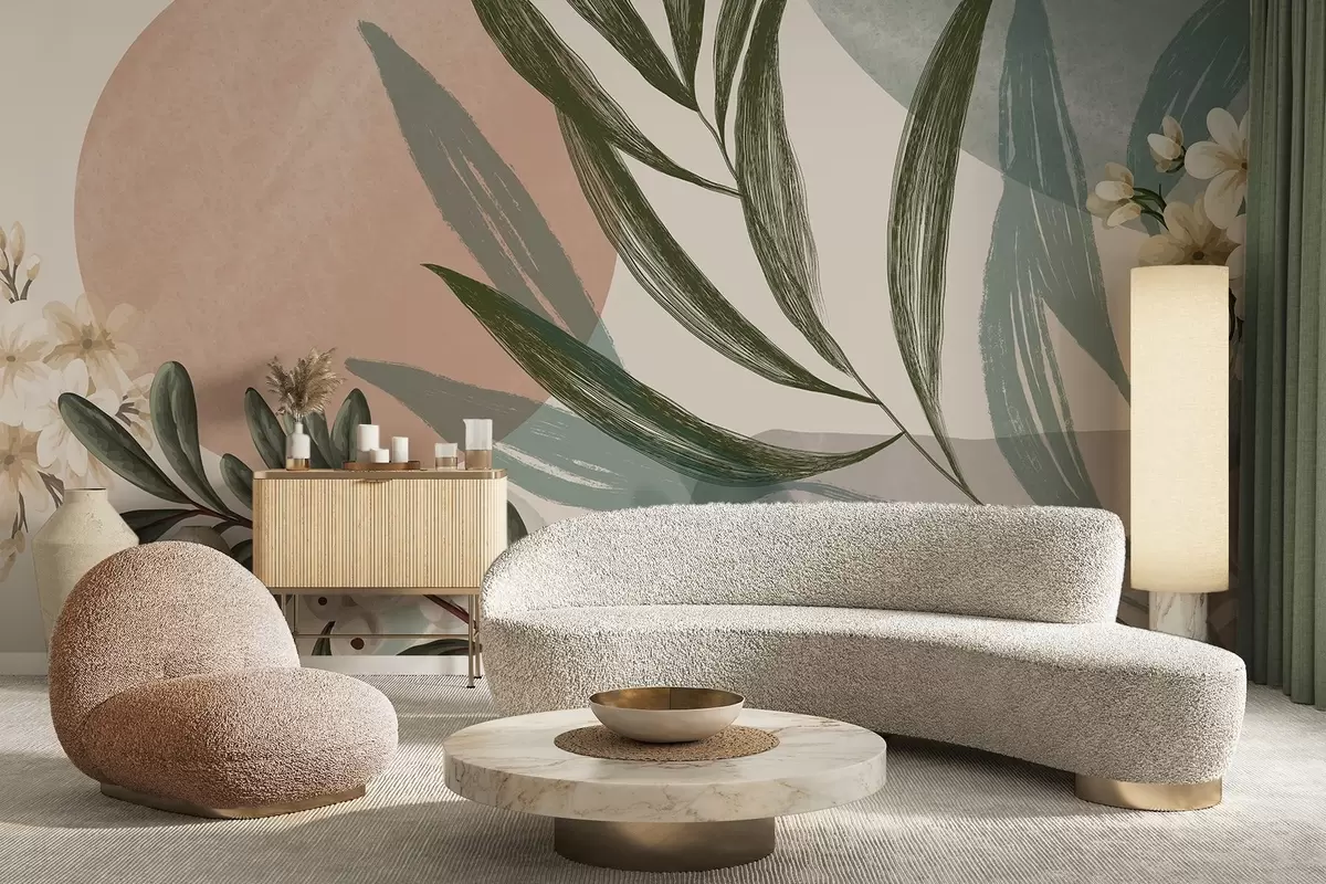 Fototapet Abstrakt botanisk konst med gröna palmblad och vita bär, mot en bakgrund av former i dämpade jordtoner w09312