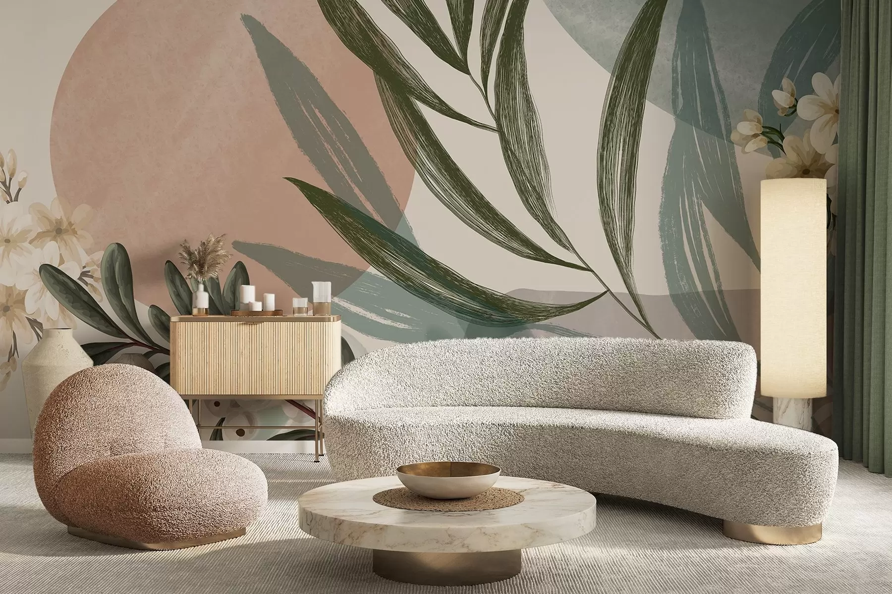 Fototapet Abstrakt botanisk konst med gröna palmblad och vita bär, mot en bakgrund av former i dämpade jordtoner w09312