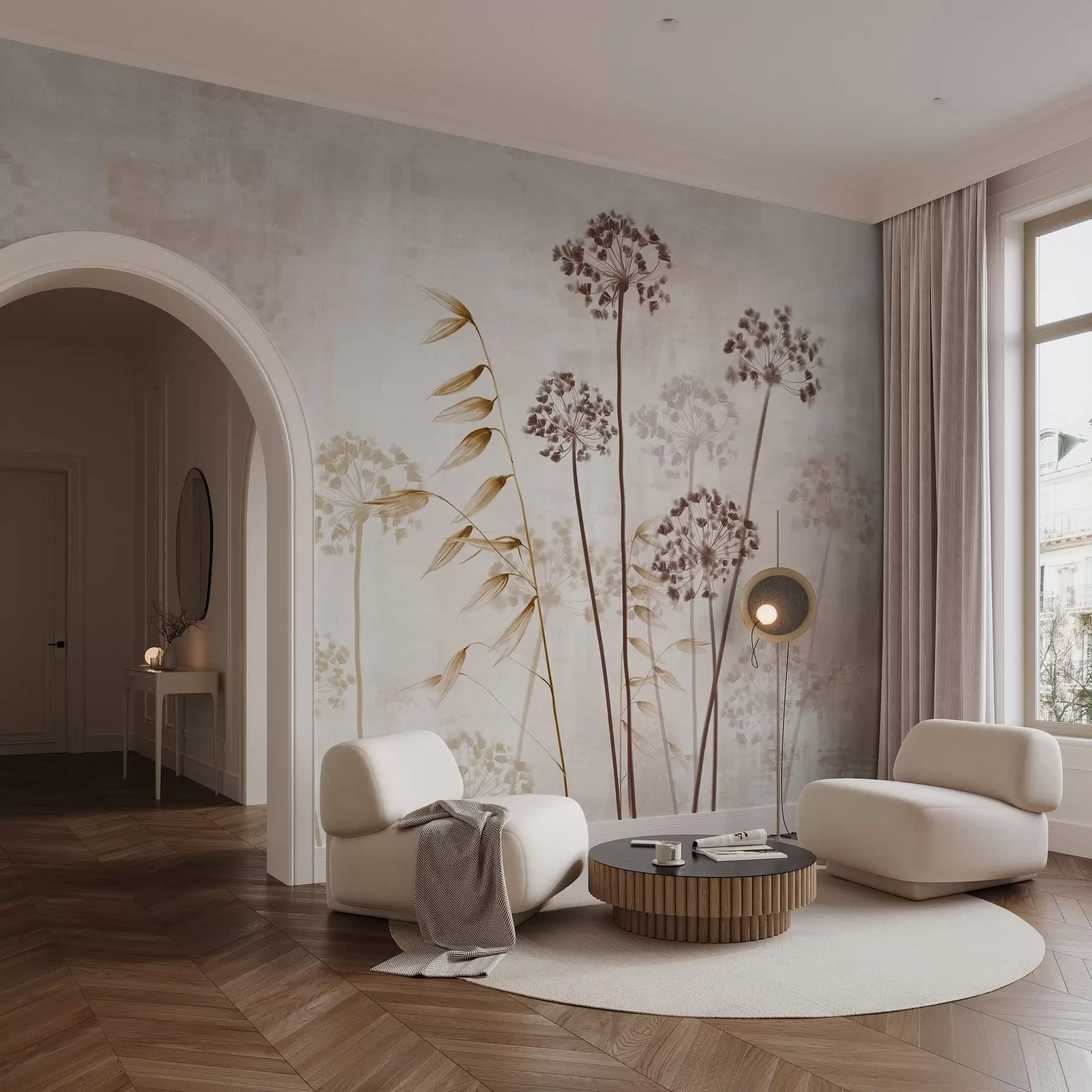 Fototapet Teckning av torkade blommor med långa stjälkar, monokrom palett, mot en texturerad, ljusbeige bakgrund, botanisk illustration w09314v1