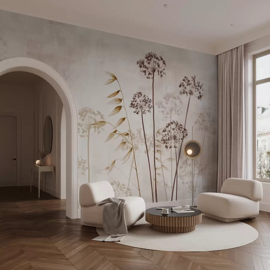 Fototapet Teckning av torkade blommor med långa stjälkar, monokrom palett, mot en texturerad, ljusbeige bakgrund, botanisk illustration w09314v1