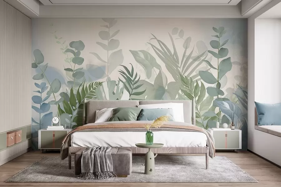 Fototapet Pastellgröna växter ormbunkar, monstera och eukalyptus, ljus texturerad bakgrund, mjuk belysning, fridfull , botanisk illustration w09316