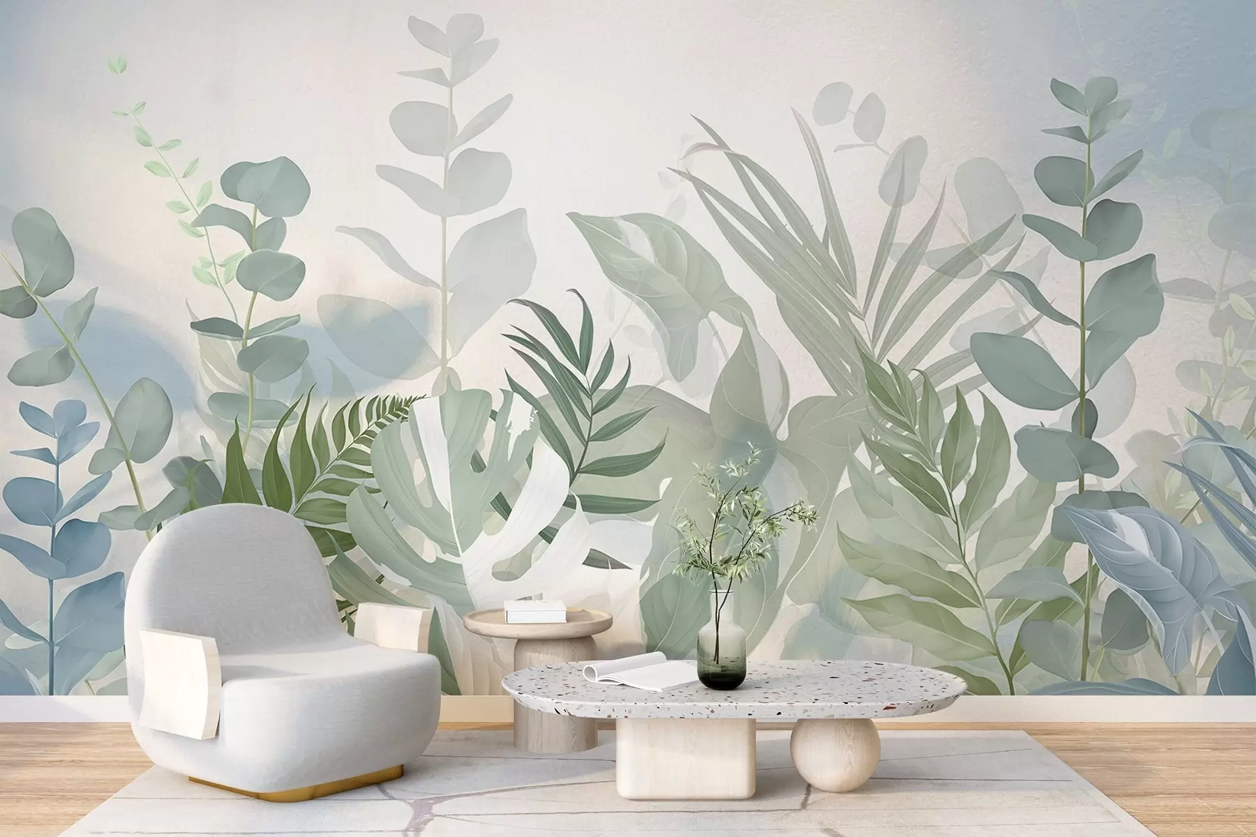 Fototapet Pastellgröna växter ormbunkar, monstera och eukalyptus, ljus texturerad bakgrund, mjuk belysning, fridfull , botanisk illustration w09316