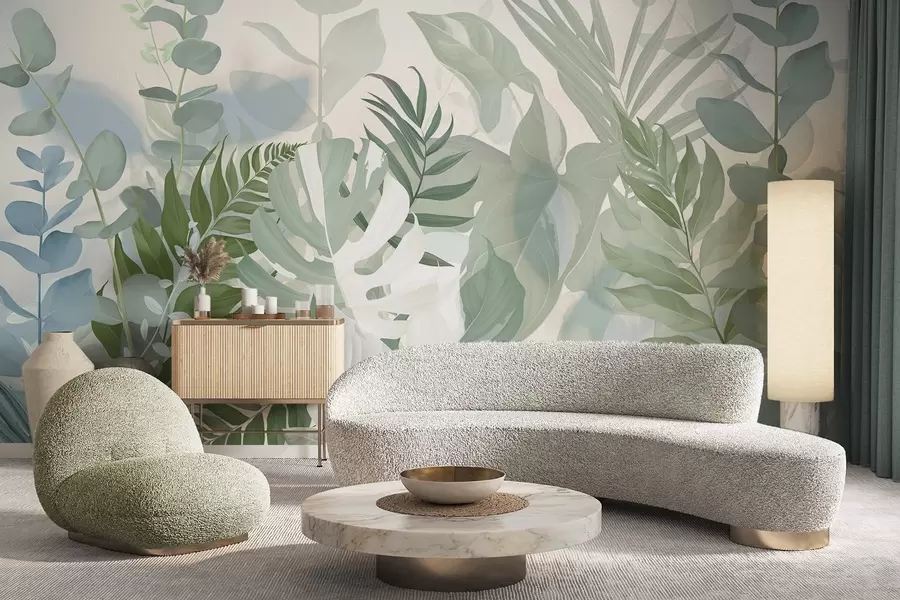 Fototapet Pastellgröna växter ormbunkar, monstera och eukalyptus, ljus texturerad bakgrund, mjuk belysning, fridfull , botanisk illustration w09316
