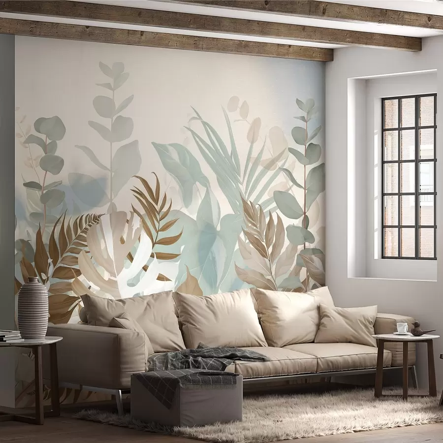 Fototapet Pastellväxter ormbunkar, monstera och eukalyptus, ljus texturerad bakgrund, mjuk belysning, fridfull , botanisk illustration w09316v1