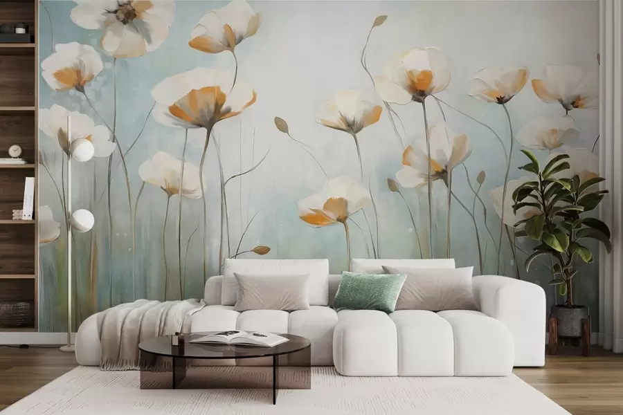 Fototapet Vita texturerade vallmor på långa stjälkar, ljusblå och grön bakgrund, mjuka penseldrag, delikat blomsterarrangemang w09317