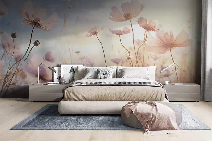 Fototapet Ett fält av rosa texturerade blommor med långa stjälkar, mot en mjuk blå och gul himmel, skapar en drömsk atmosfär w09320