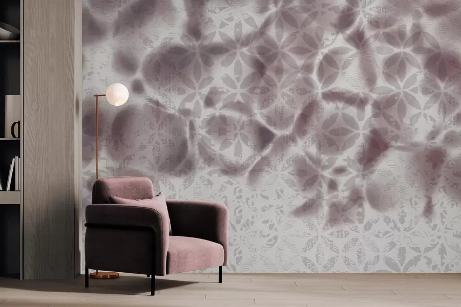 Fototapet Abstrakt texturerad konst med blommigt tryck, bleknad och suddig effekt, vilket skapar en mjuk och drömsk atmosfär w09322v1