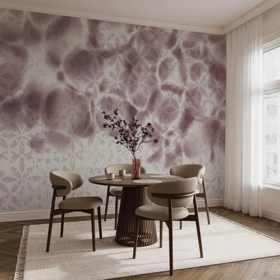 Fototapet Abstrakt texturerad konst med blommigt tryck, bleknad och suddig effekt, vilket skapar en mjuk och drömsk atmosfär w09322v1