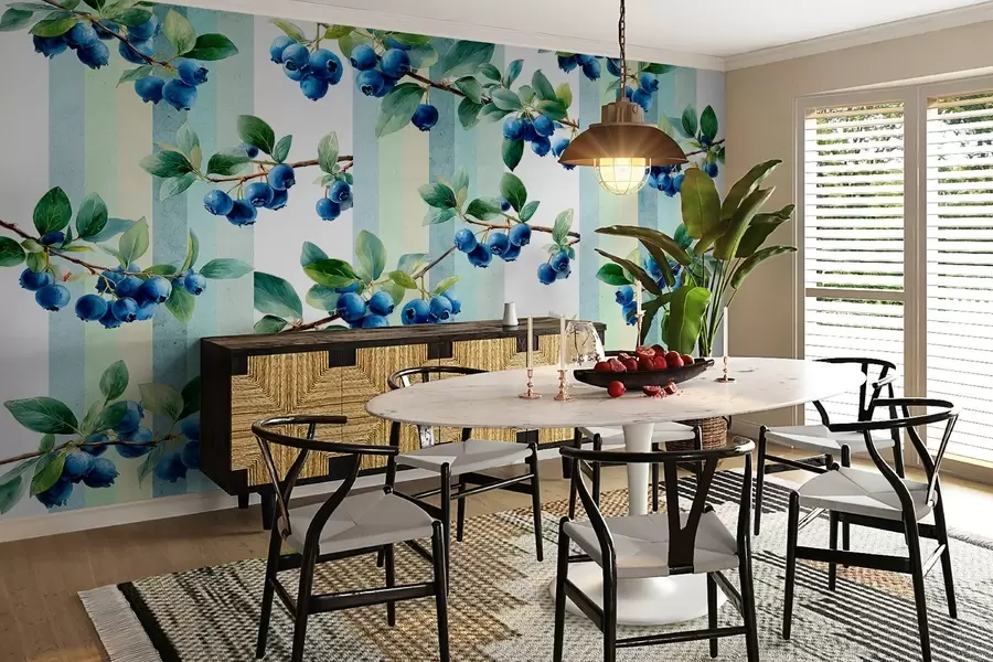 Fototapet blåbärskluster på en randig bakgrund w04307