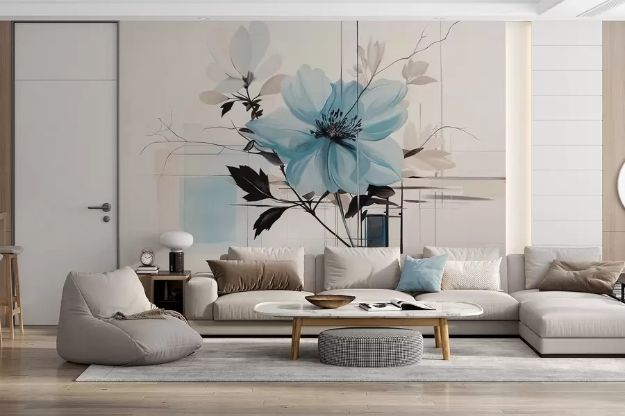Fototapet Abstrakt texturerad blå blomma med mörka blad och grenar, geometriska minimalistiska former och linjer i dämpade färger w09332
