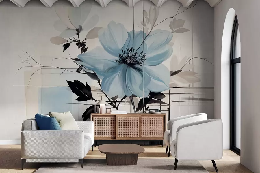 Fototapet Abstrakt texturerad blå blomma med mörka blad och grenar, geometriska minimalistiska former och linjer i dämpade färger w09332