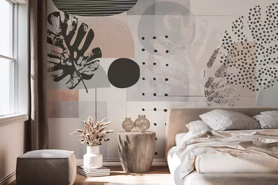 Fototapet Abstrakt tryck med geometriska former och tropiska blad från monstera, cirklar, prickar och linjer, modern och minimalistisk design w09333