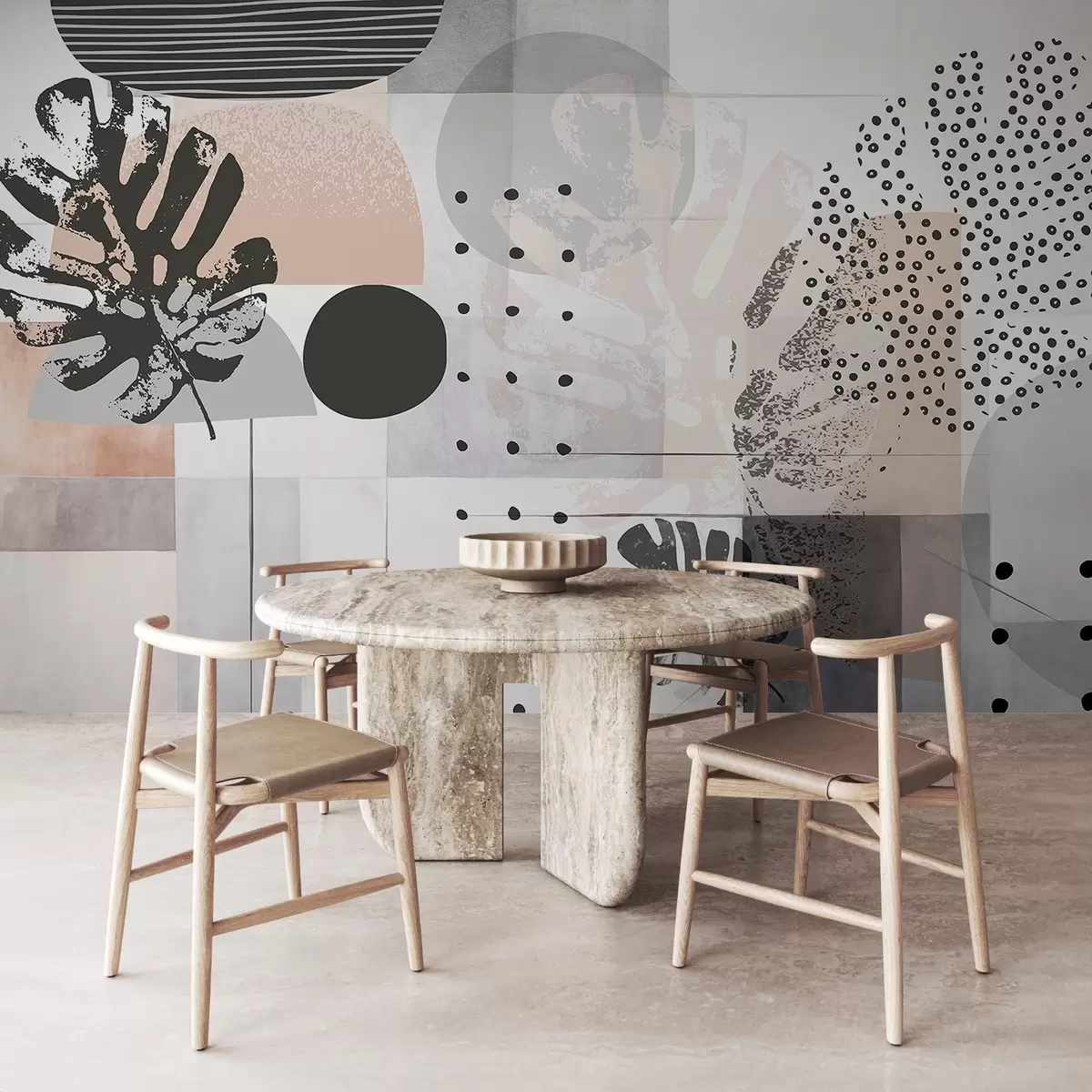 Fototapet Abstrakt tryck med geometriska former och tropiska blad från monstera, cirklar, prickar och linjer, modern och minimalistisk design w09333