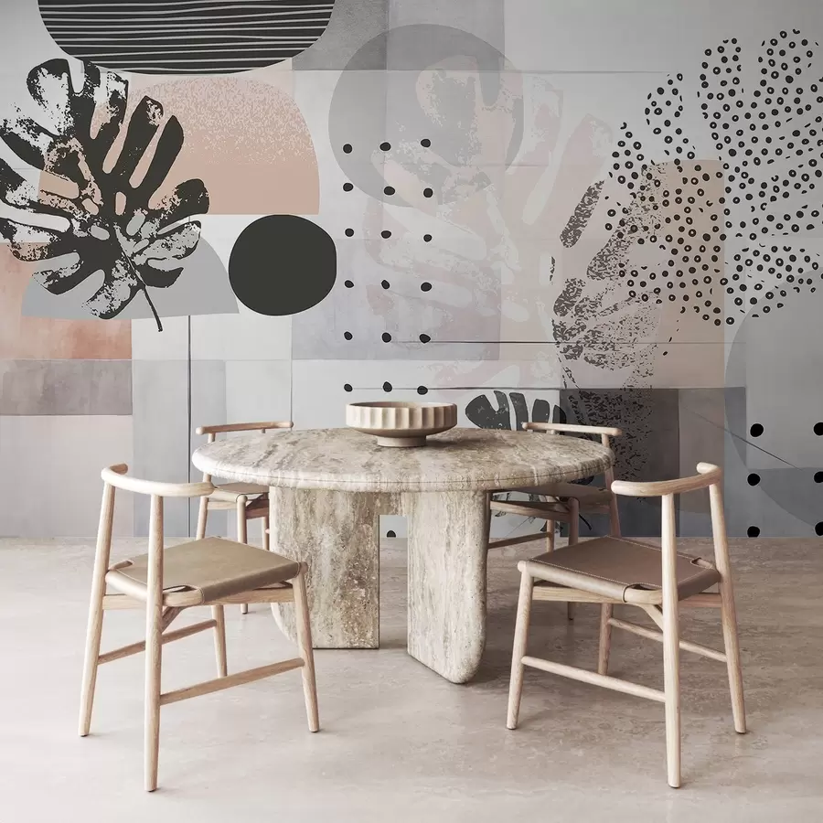 Fototapet Abstrakt tryck med geometriska former och tropiska blad från monstera, cirklar, prickar och linjer, modern och minimalistisk design w09333