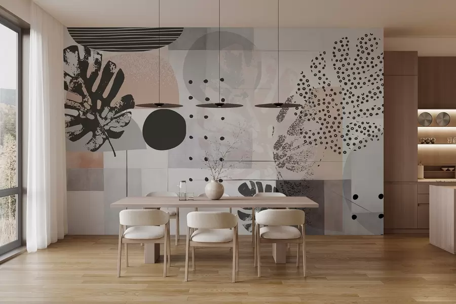 Fototapet Abstrakt tryck med geometriska former och tropiska blad från monstera, cirklar, prickar och linjer, modern och minimalistisk design w09333