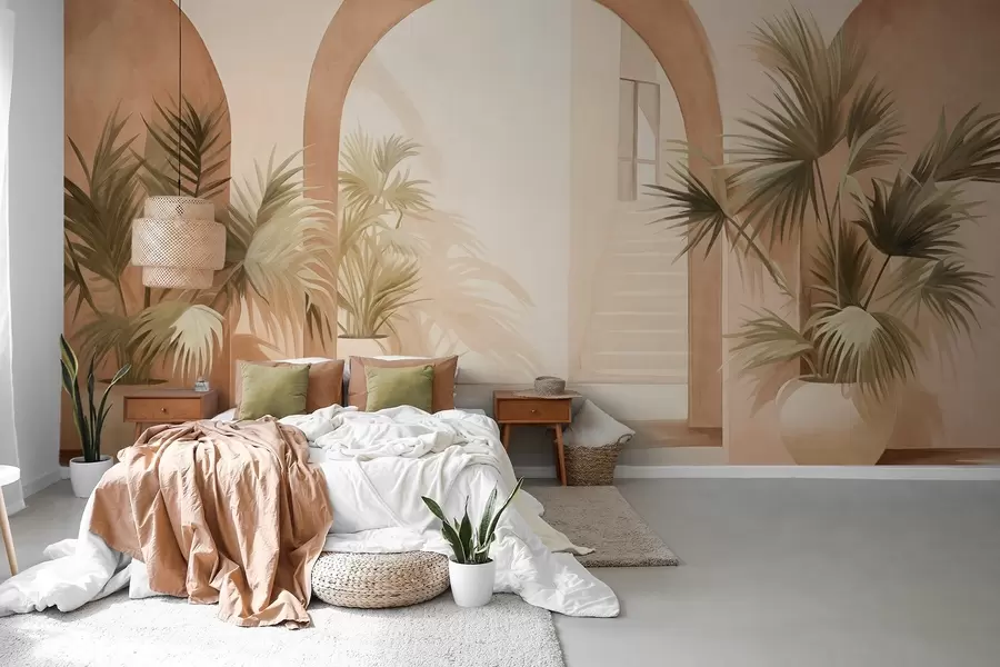 Fototapet Strukturerade valv med krukväxter, ljusbeige färgpalett, minimalistisk design, trappa i bakgrunden w09339