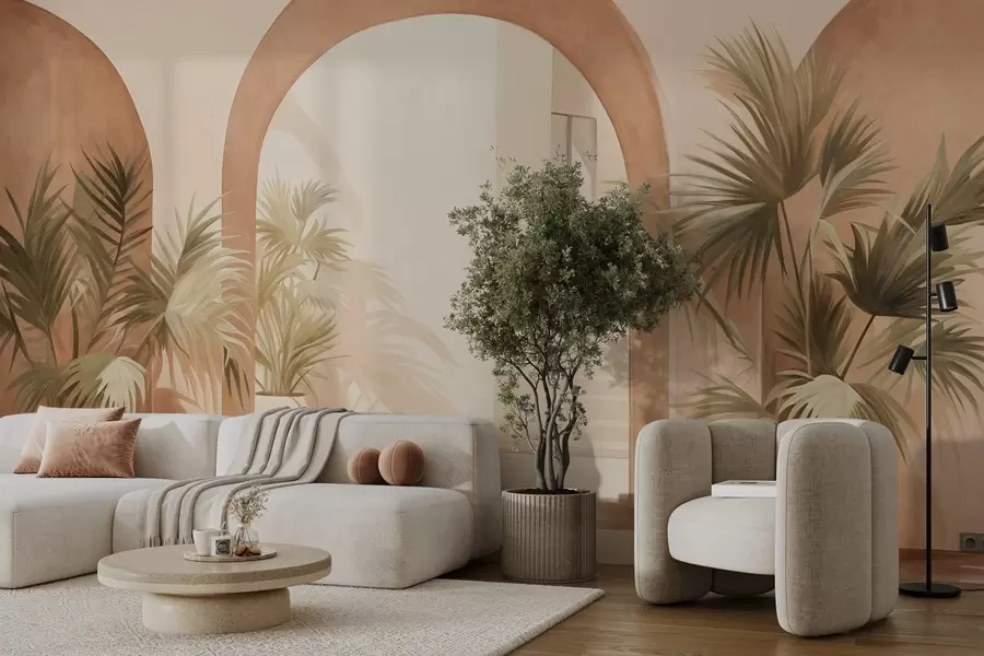 Fototapet Strukturerade valv med krukväxter, ljusbeige färgpalett, minimalistisk design, trappa i bakgrunden w09339