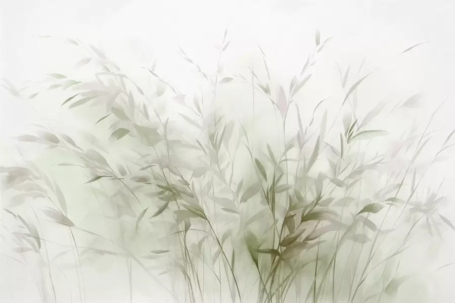 Fototapet Gräs och ogräs med tunna blad och stjälkar, ljusgröna och bruna färger, mjuka och känsliga penseldrag, minimalistiskt tryck w09342