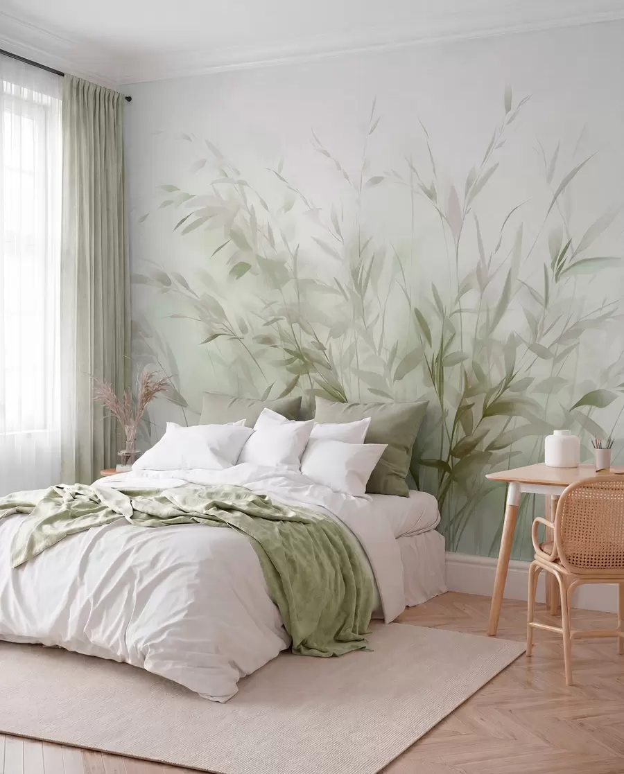 Fototapet Gräs och ogräs med tunna blad och stjälkar, ljusgröna och bruna färger, mjuka och känsliga penseldrag, minimalistiskt tryck w09342