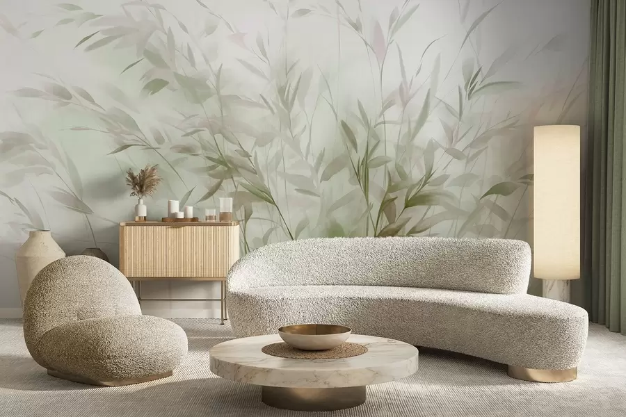 Fototapet Gräs och ogräs med tunna blad och stjälkar, ljusgröna och bruna färger, mjuka och känsliga penseldrag, minimalistiskt tryck w09342