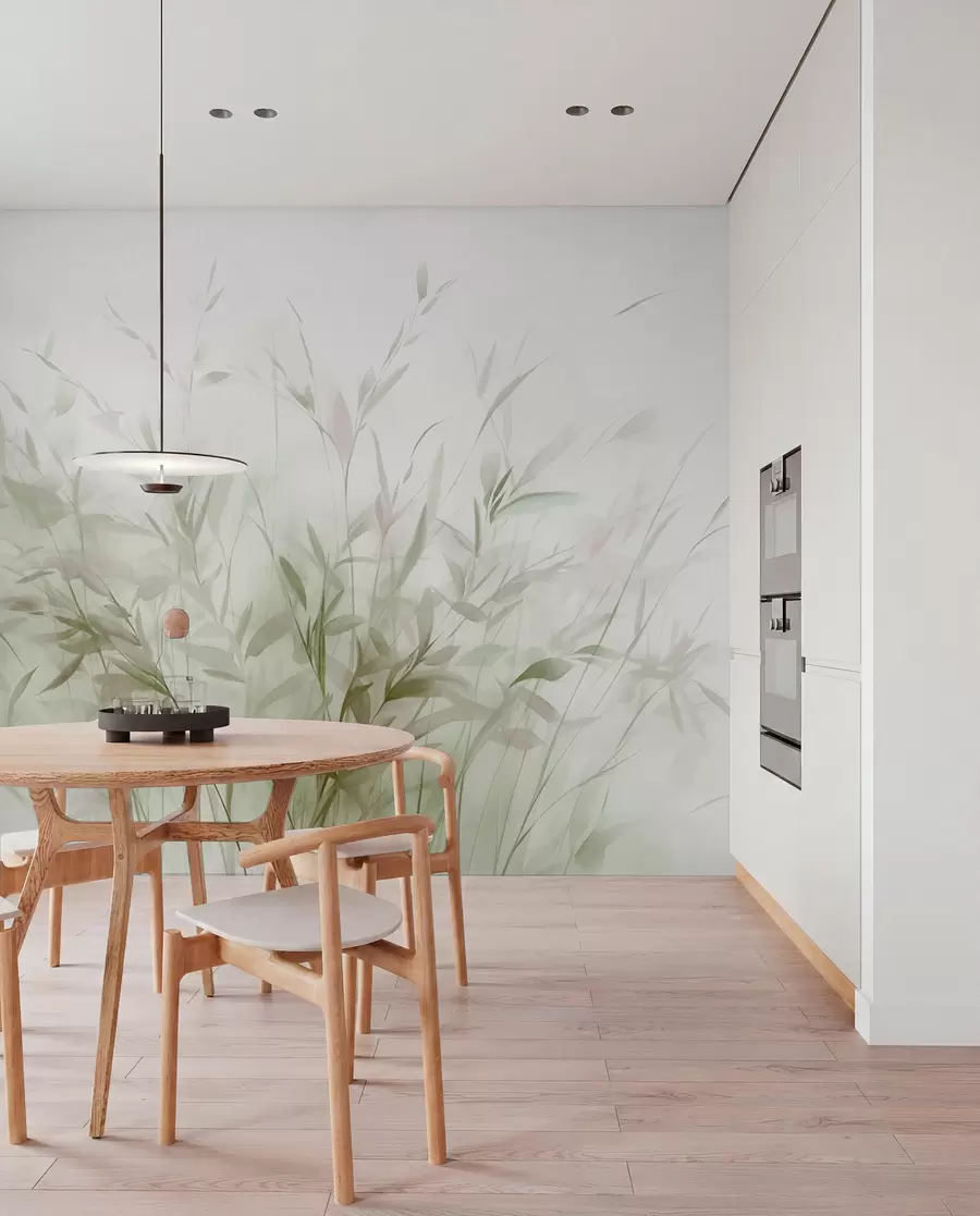 Fototapet Gräs och ogräs med tunna blad och stjälkar, ljusgröna och bruna färger, mjuka och känsliga penseldrag, minimalistiskt tryck w09342