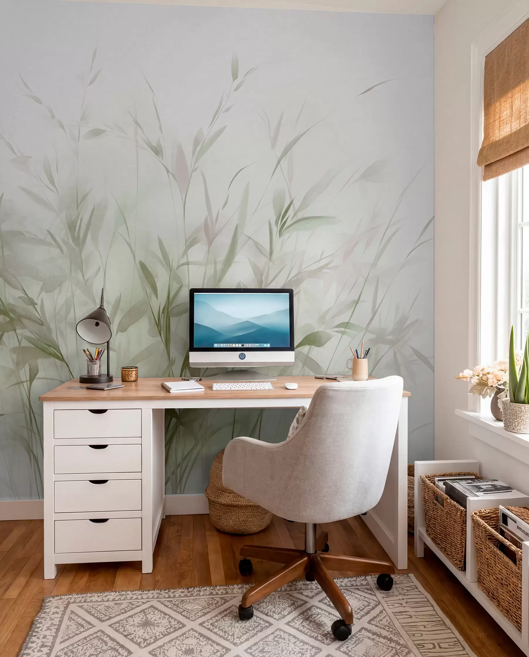Fototapet Gräs och ogräs med tunna blad och stjälkar, ljusgröna och bruna färger, mjuka och känsliga penseldrag, minimalistiskt tryck w09342