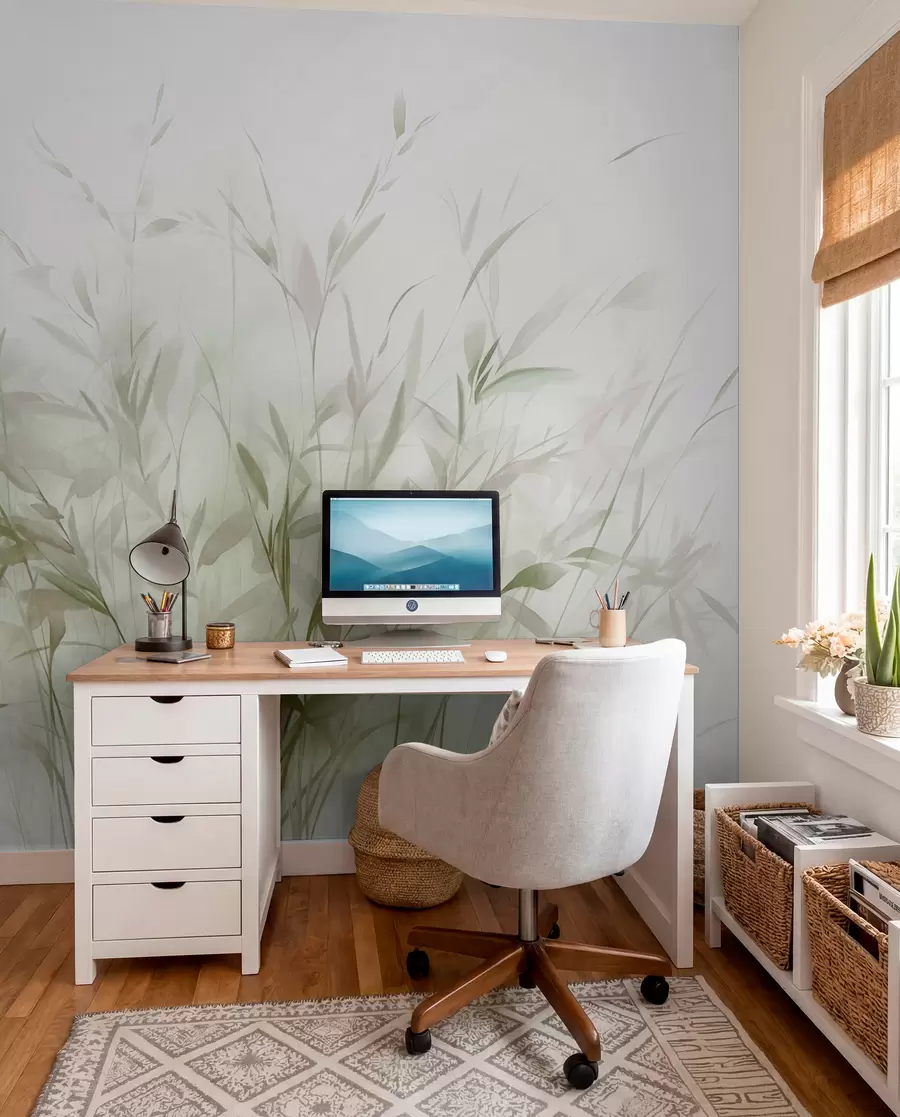 Fototapet Gräs och ogräs med tunna blad och stjälkar, ljusgröna och bruna färger, mjuka och känsliga penseldrag, minimalistiskt tryck w09342