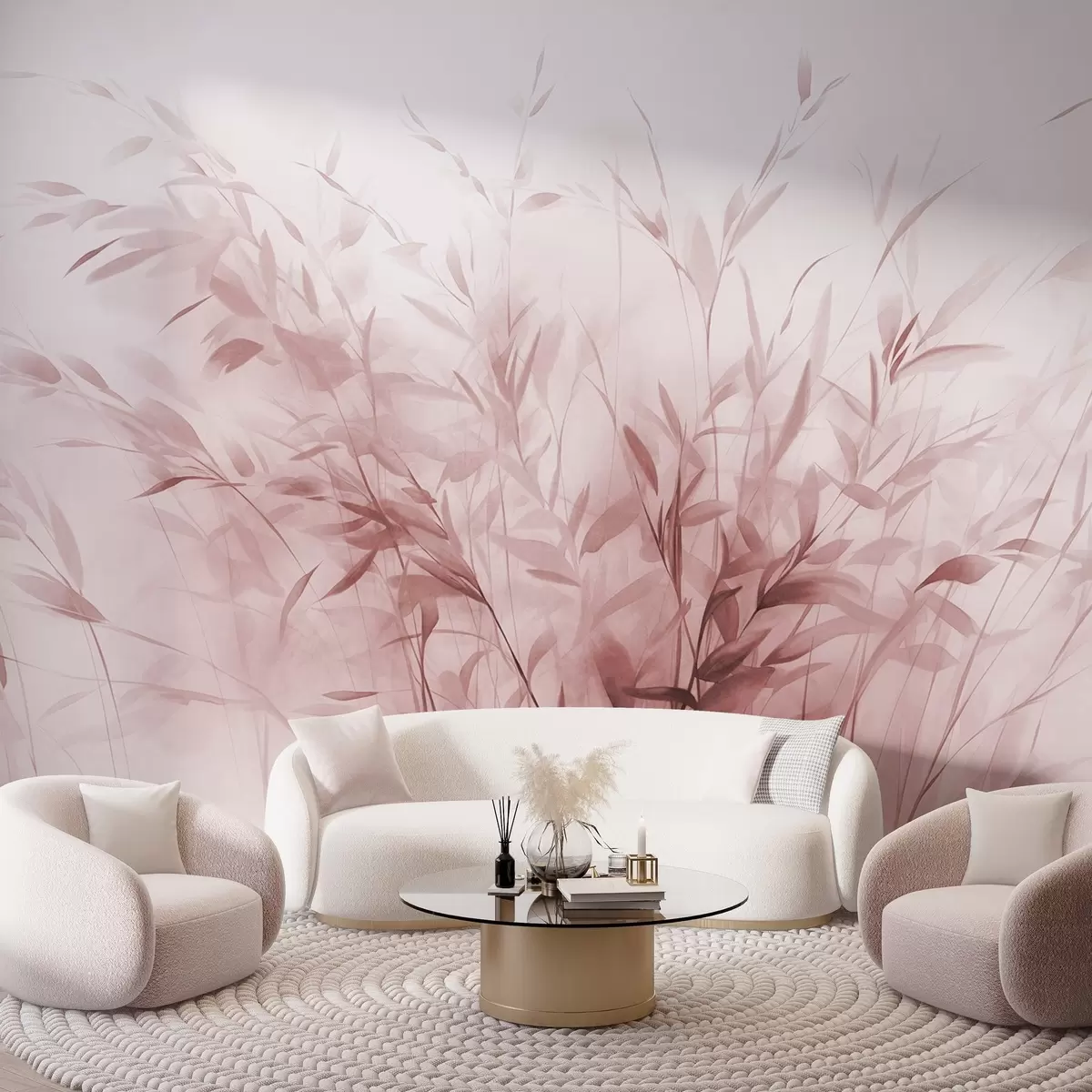 Fototapet Gräs och ogräs med tunna blad och stjälkar, ljusrosa färger, mjuka och känsliga penseldrag, minimalistiskt tryck w09342v2