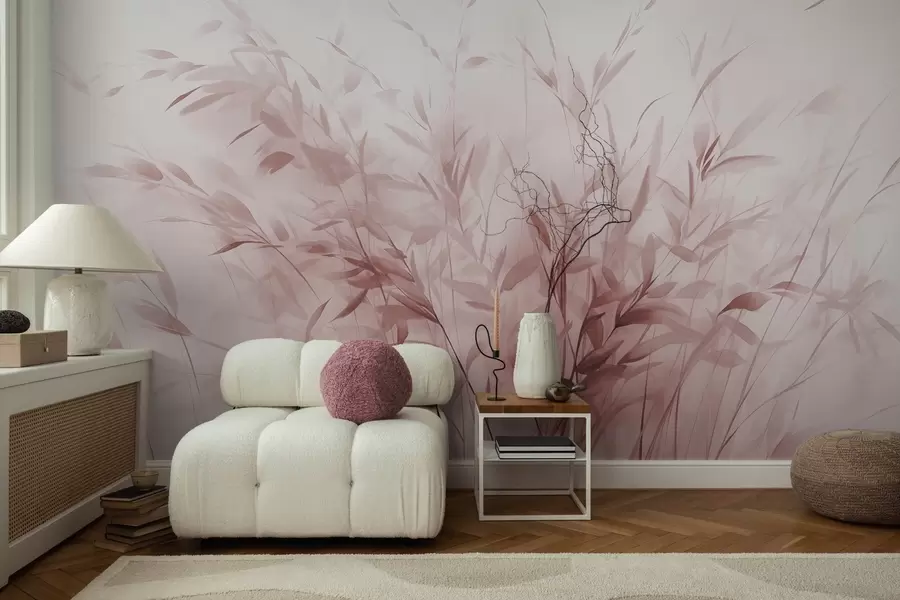Fototapet Gräs och ogräs med tunna blad och stjälkar, ljusrosa färger, mjuka och känsliga penseldrag, minimalistiskt tryck w09342v2