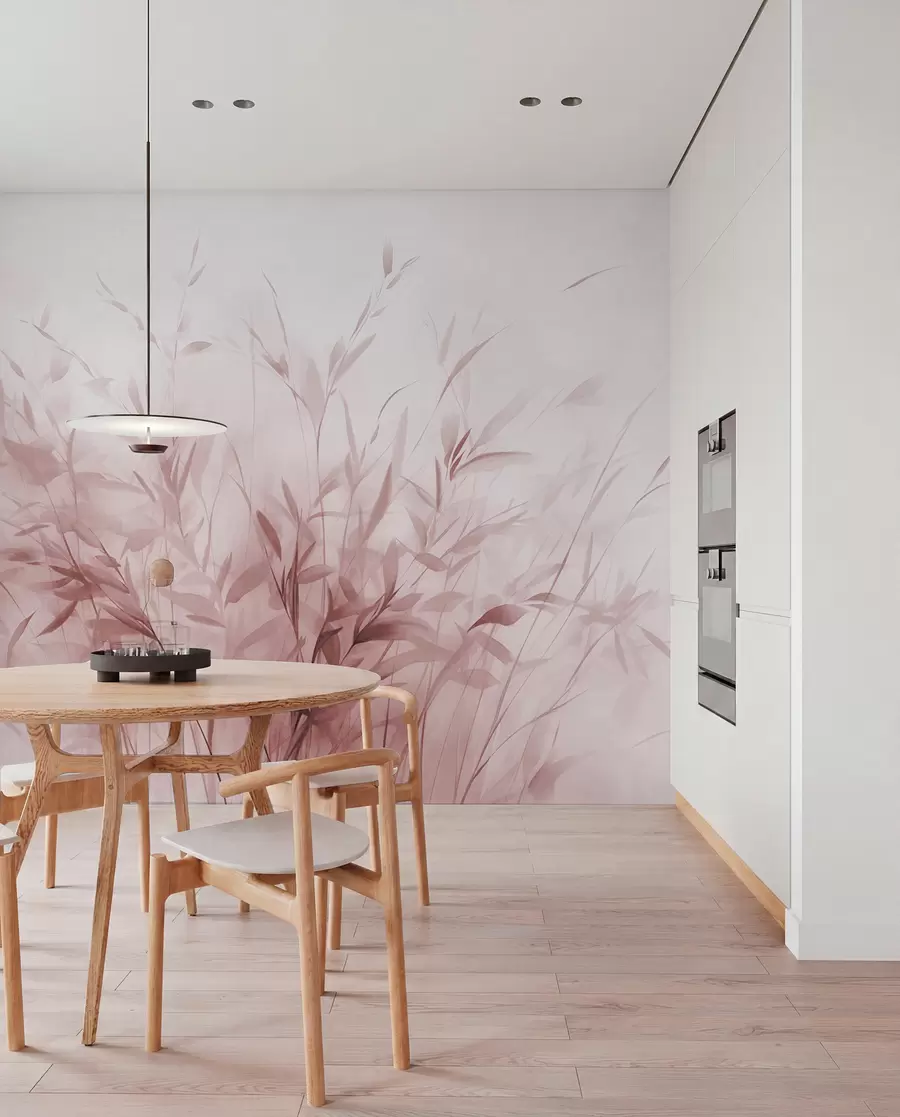 Fototapet Gräs och ogräs med tunna blad och stjälkar, ljusrosa färger, mjuka och känsliga penseldrag, minimalistiskt tryck w09342v2