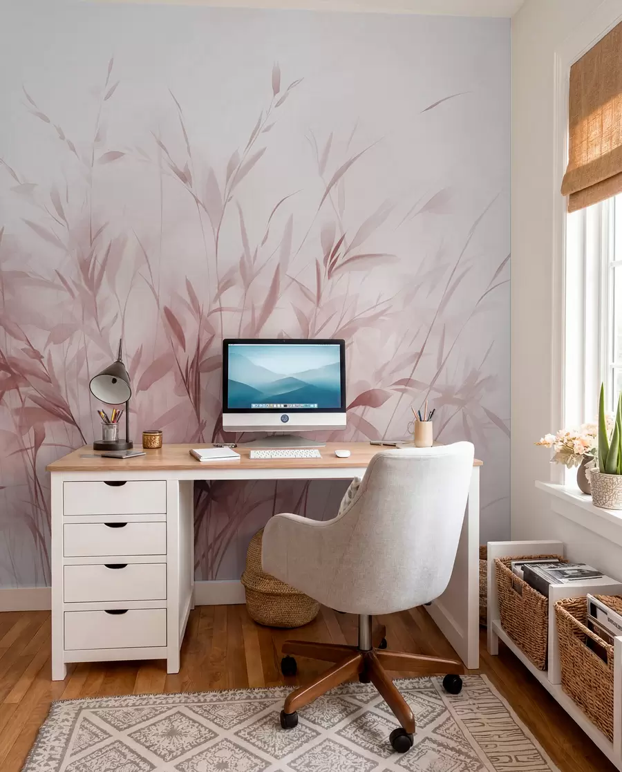 Fototapet Gräs och ogräs med tunna blad och stjälkar, ljusrosa färger, mjuka och känsliga penseldrag, minimalistiskt tryck w09342v2