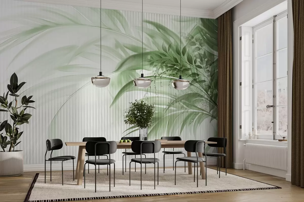 Fototapet Palm tropiska gröna blad med vit randig bakgrund, mjuk belysning, fina penseldrag, organiska former w09343