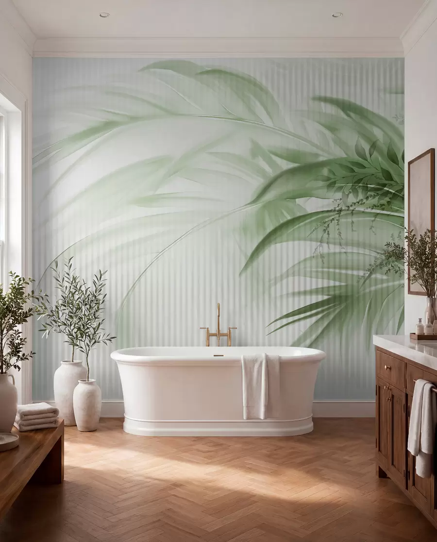 Fototapet Palm tropiska gröna blad med vit randig bakgrund, mjuk belysning, fina penseldrag, organiska former w09343