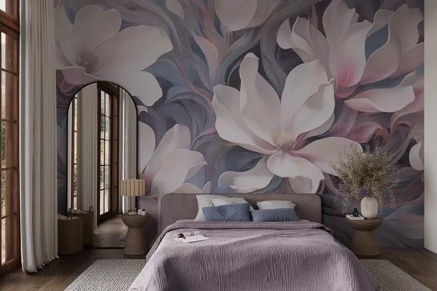 Fototapet Texturerad målning av vita magnoliablommor med rosa accenter, mot en bakgrund av virvlande, dämpade blå och grå toner w09344
