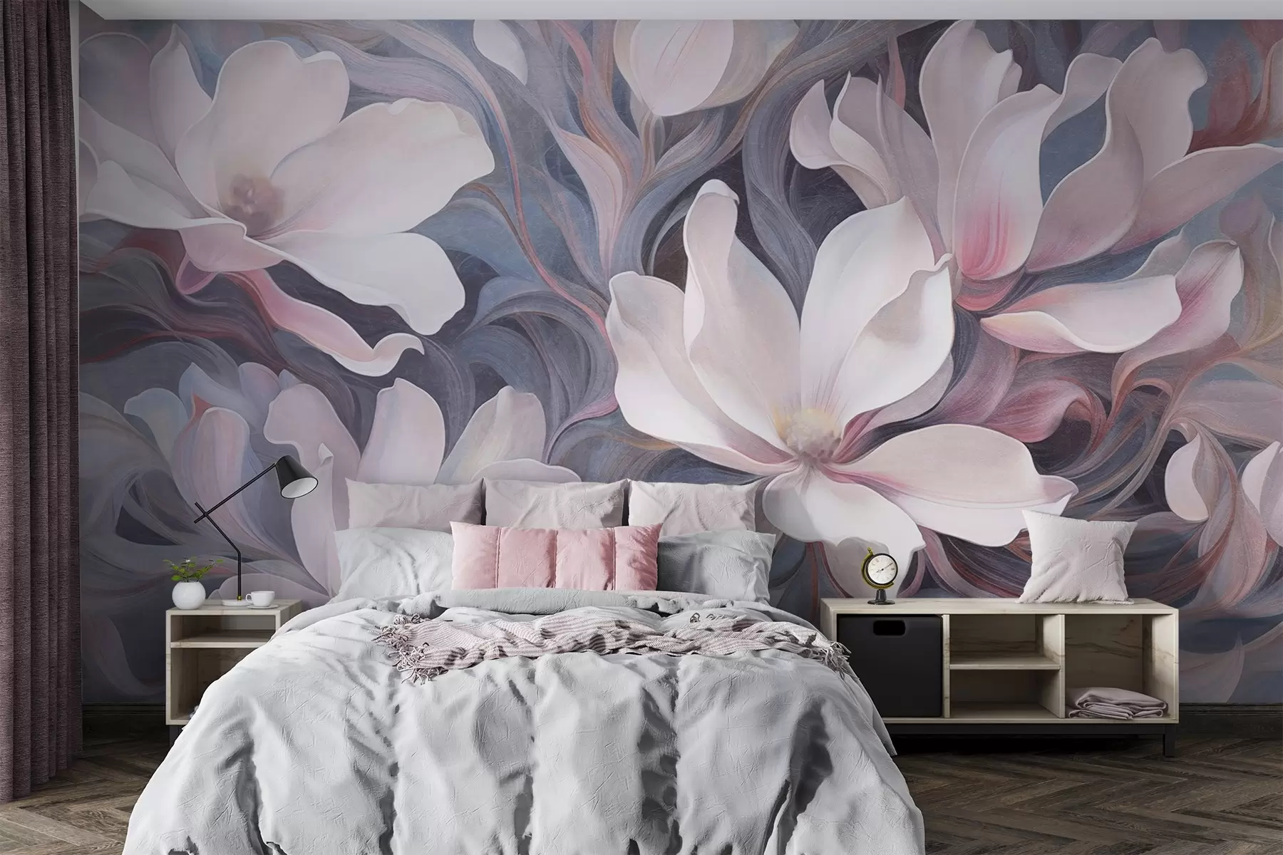 Fototapet Texturerad målning av vita magnoliablommor med rosa accenter, mot en bakgrund av virvlande, dämpade blå och grå toner w09344