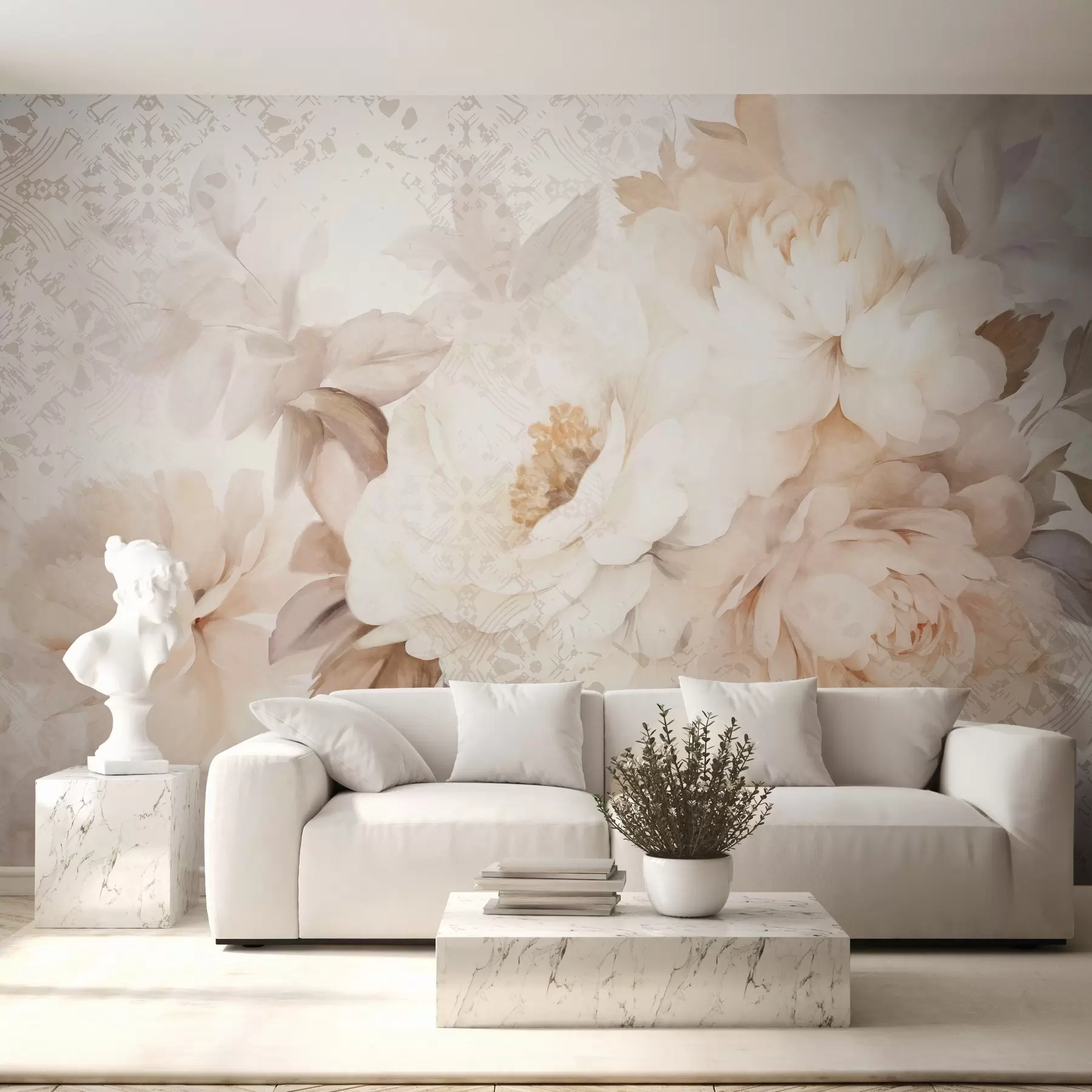 Fototapet Ett blomsterarrangemang av vita pioner med beige blad, mot en dekorativ bakgrund med vintagetextur w09345