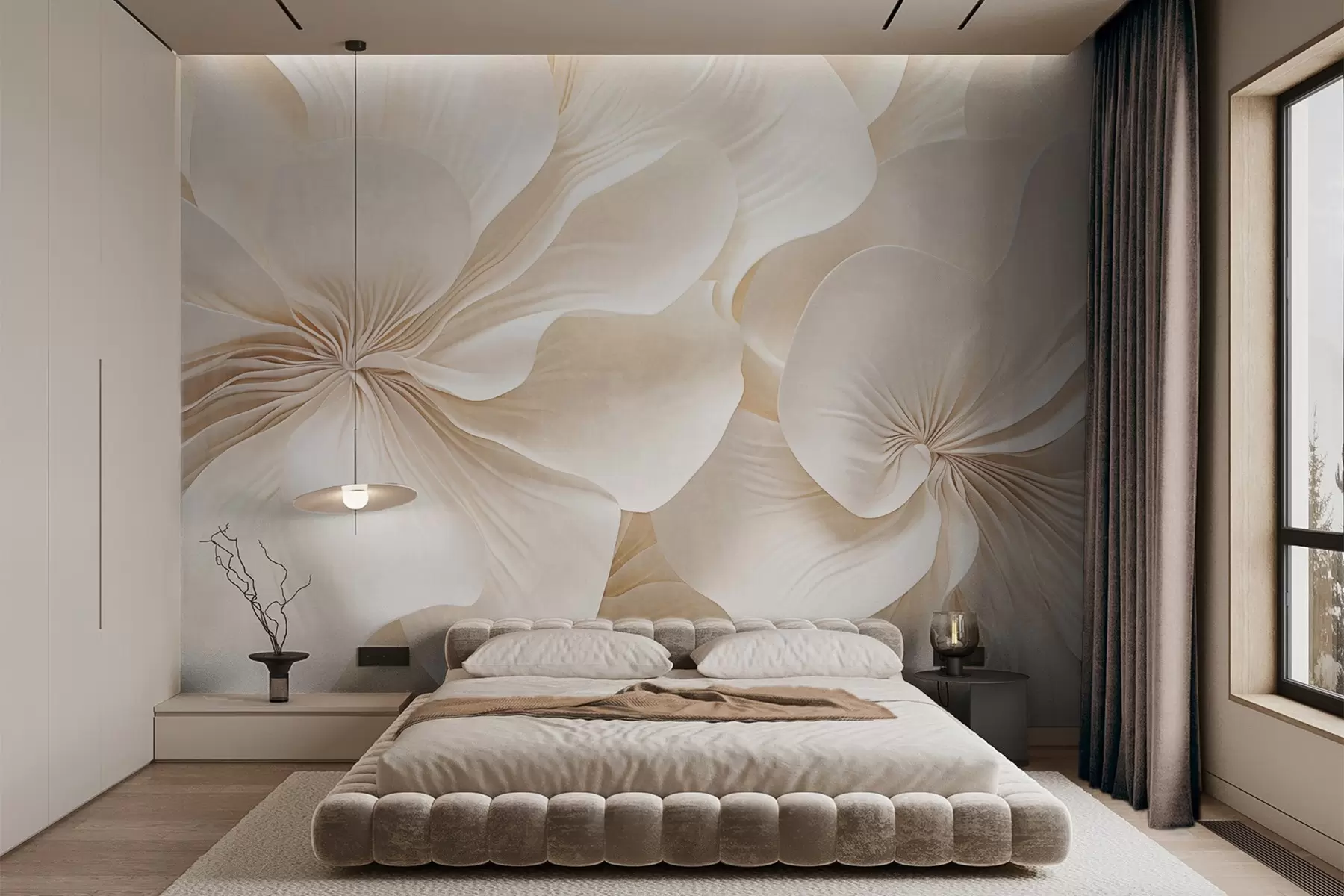 Fototapet Närbild av blommor med krämig textur och skira, böljande kronblad som skapar ett mjukt, elegant och texturerat blomsterarrangemang w09346