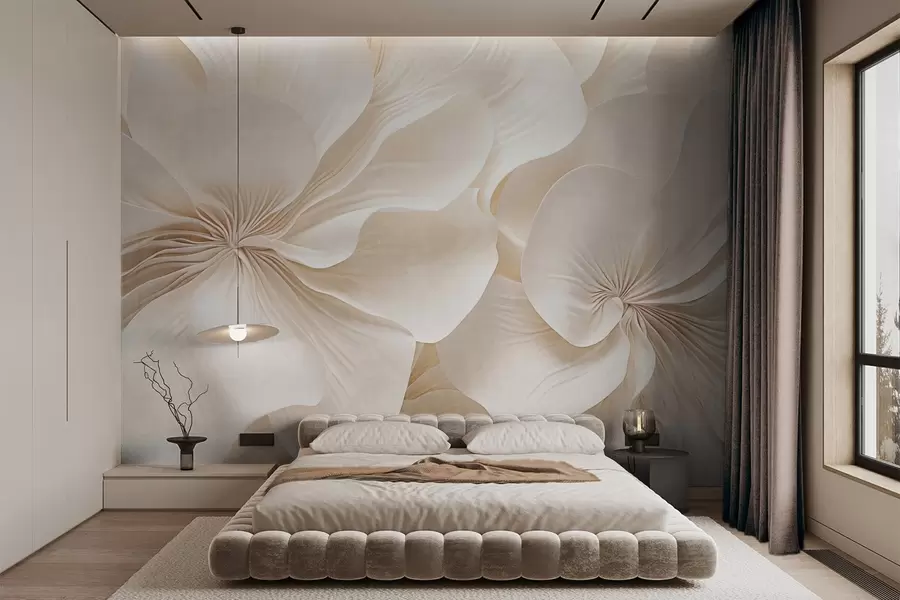 Fototapet Närbild av blommor med krämig textur och skira, böljande kronblad som skapar ett mjukt, elegant och texturerat blomsterarrangemang w09346