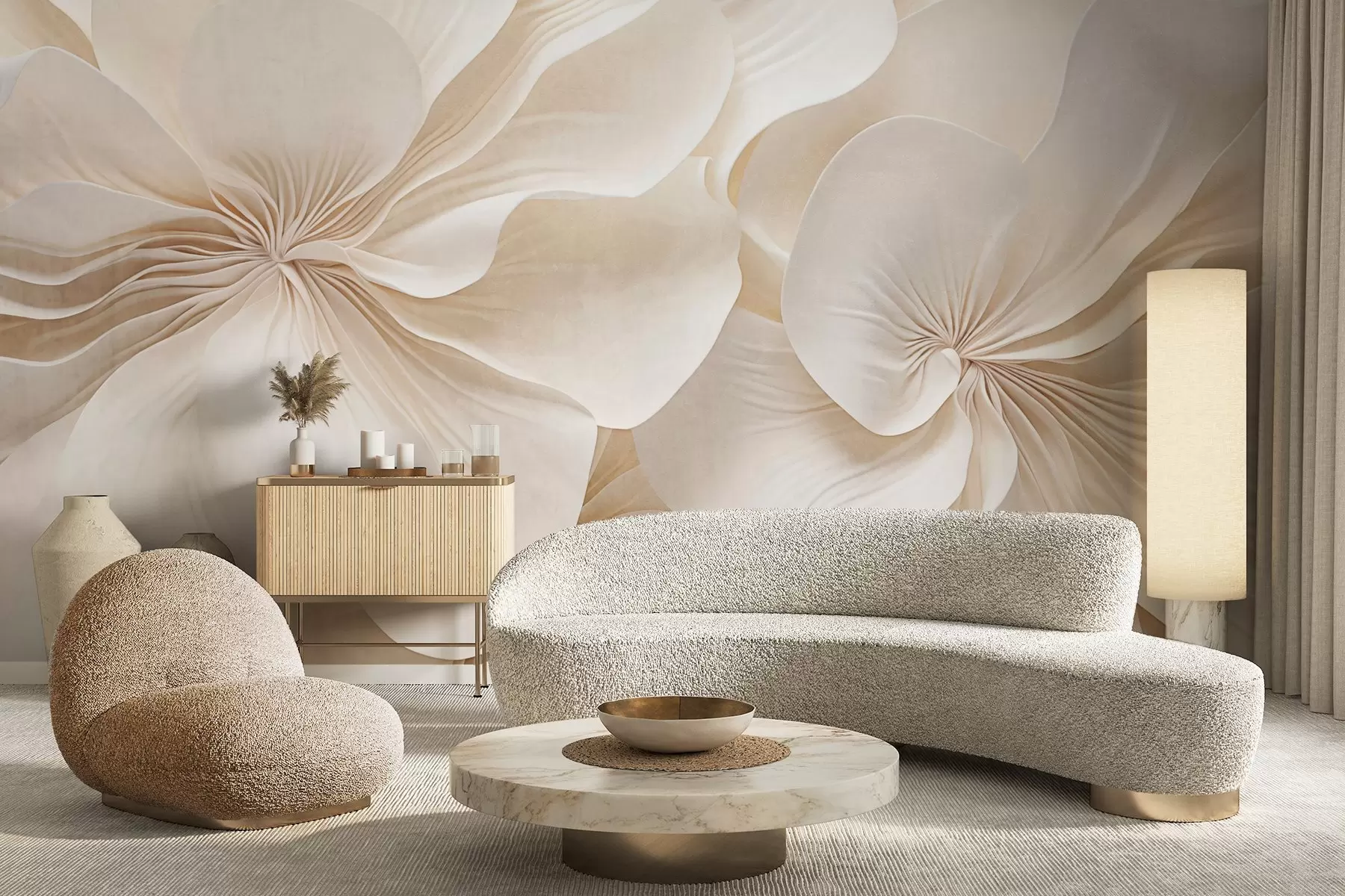 Fototapet Närbild av blommor med krämig textur och skira, böljande kronblad som skapar ett mjukt, elegant och texturerat blomsterarrangemang w09346