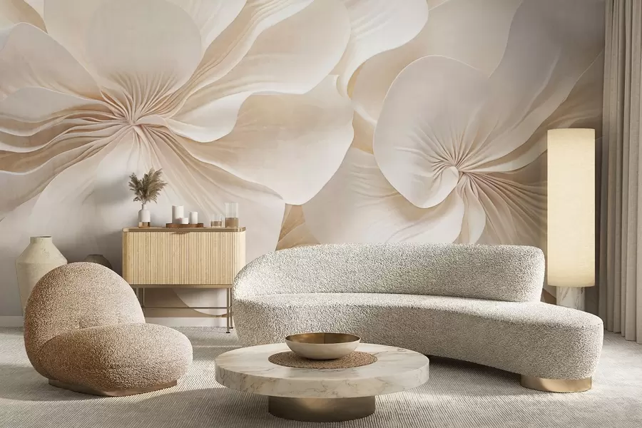 Fototapet Närbild av blommor med krämig textur och skira, böljande kronblad som skapar ett mjukt, elegant och texturerat blomsterarrangemang w09346