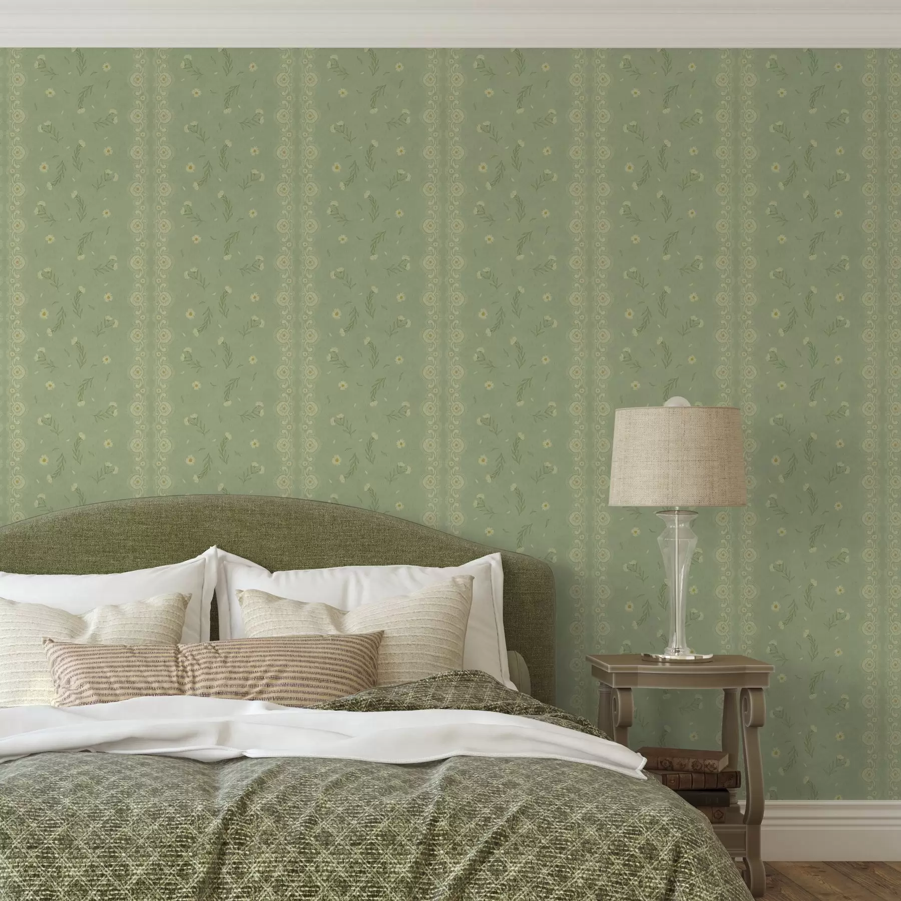 Fototapet Grön bakgrund med prästkragar och spetskant a00291